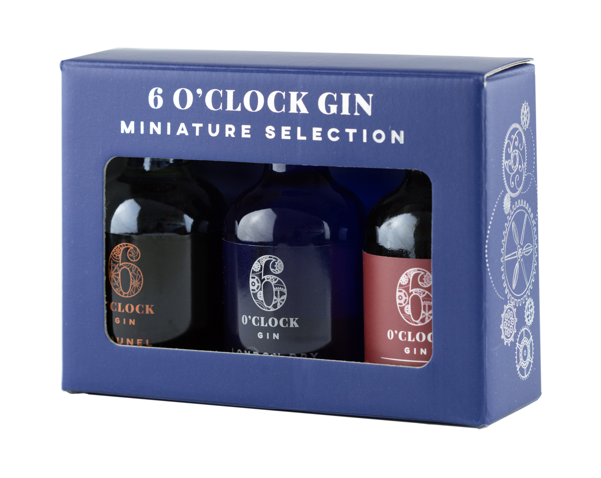 Box of 6 O'Clock Gin miniature selection on a white background