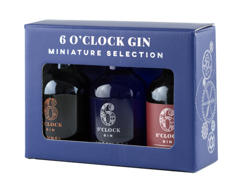 Box of 6 O'Clock Gin miniature selection on a white background